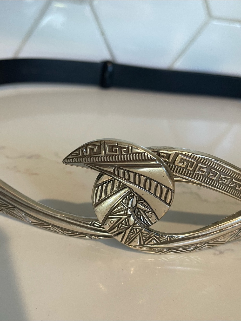 Chico's Silver-Tone Engraved Twist Buckle Belt